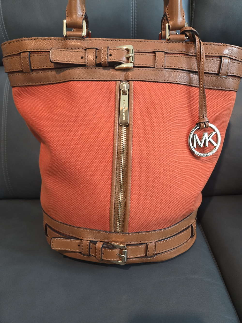 Michael Kors Large Orange Canvas Leather Trim Bucket Tote Purse Gold Hardware